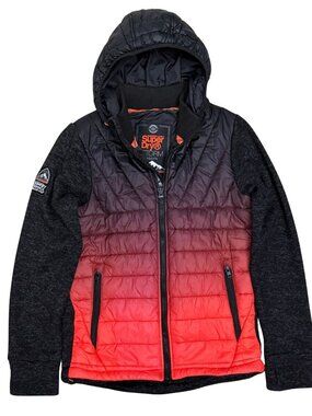 SuperDry Gradient Puffer Jacket Fleece Sleeve Hooded Winter Coat Womens Medium